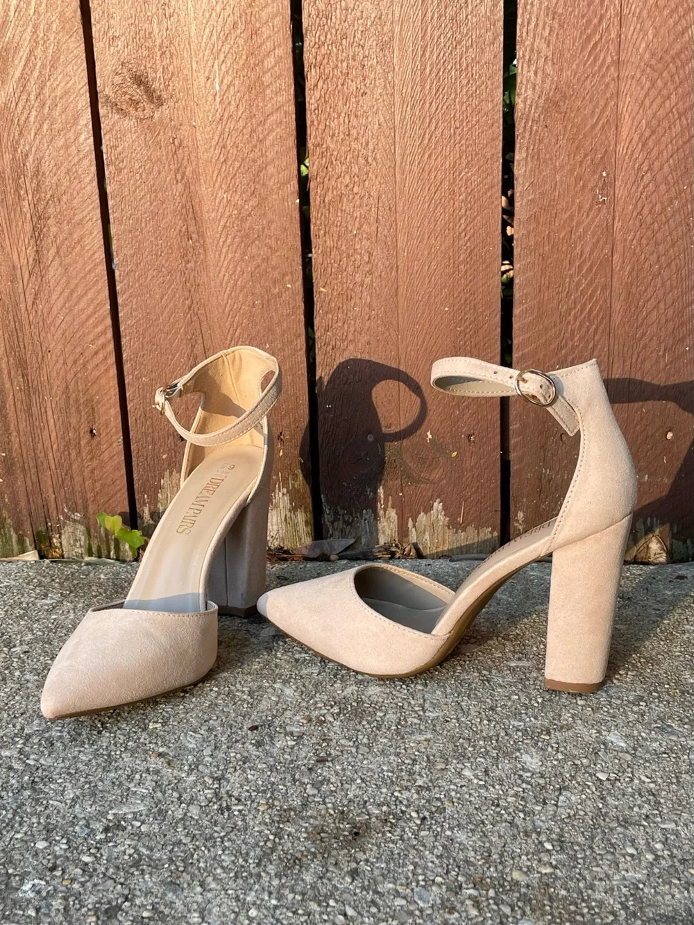 Ankle-Strap Pointed-Toe Chunky Platform Heels in Nude Beige Suede size 6.5 NWOT - Picture 3 of 10